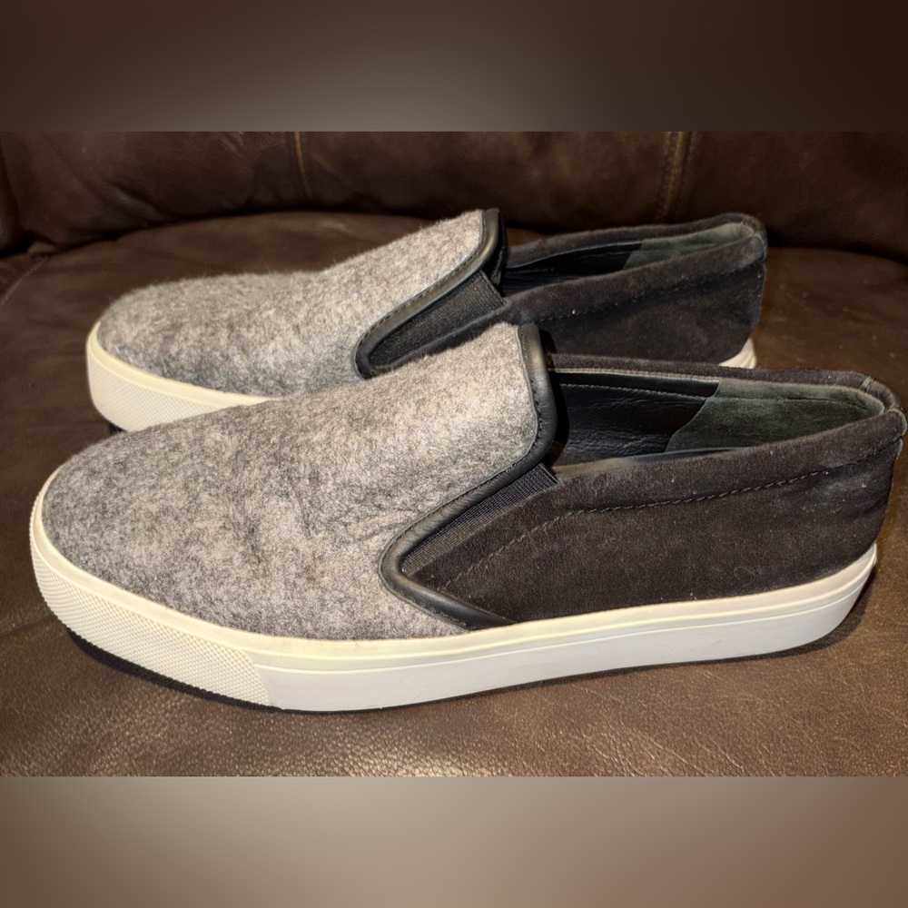 Vince Banler Gray Felted Wool Black Leather Loafers Size 6.5